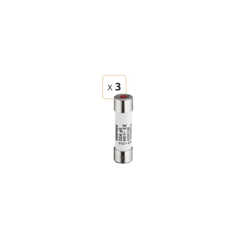 Fusible céramique avec voyant 20A 400 V - Debflex 715336 - 3 pièces Fusible céramique avec voyant 20A 400 V - Debflex 715336 - 3 pièces