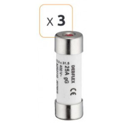 Fusible céramique avec voyant 25A 400 V - Debflex 715356 - 3 pièces