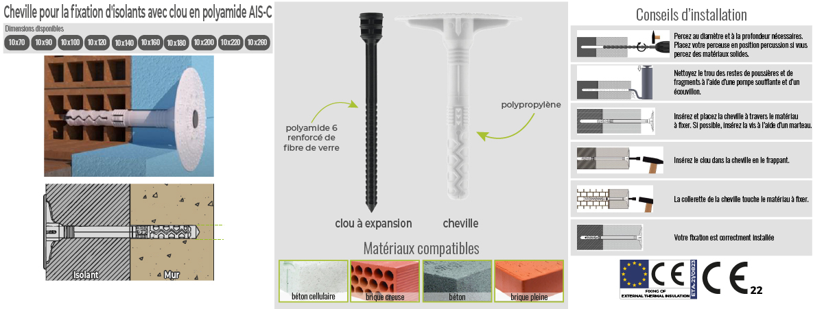 Cheville pour la fixation d'isolants avec clou en polyamide AIS-C