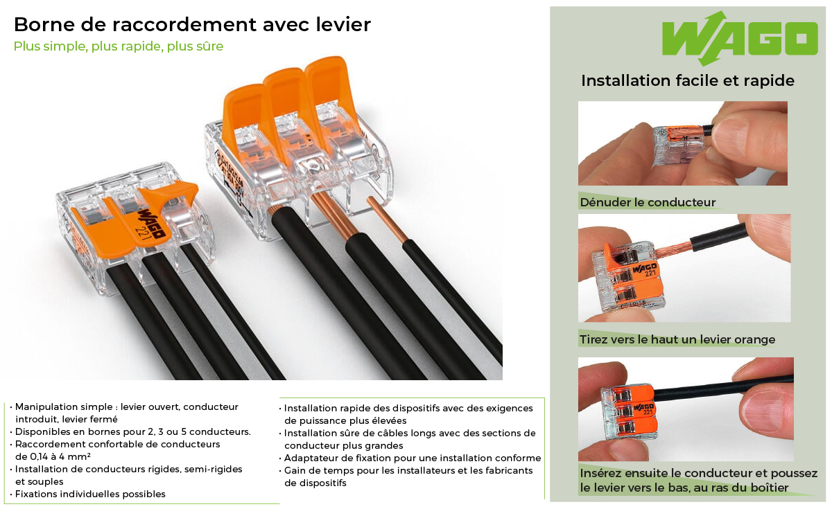 Borne De Raccordement Avec Levier 2 Fils Wago 221 422